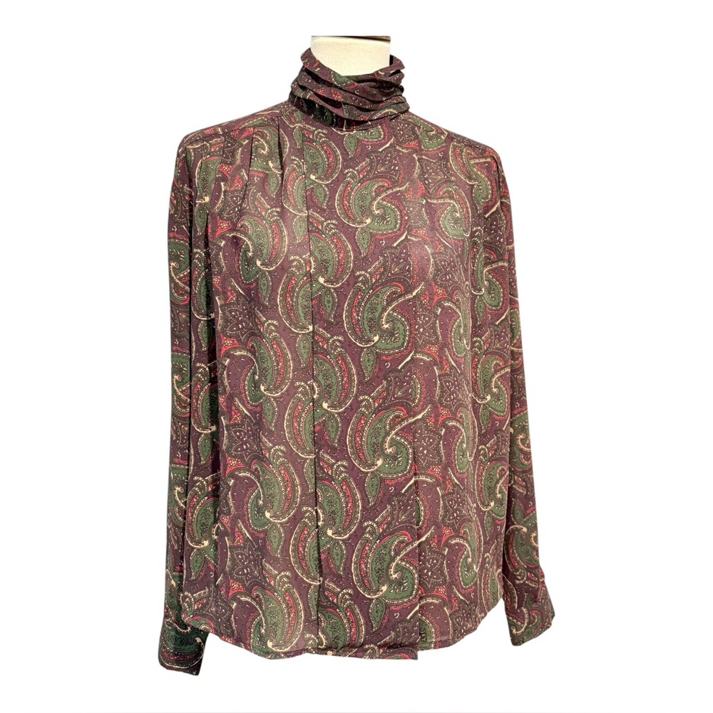 1980s Paisley Blouse, High Wrap Collar, Size 12 by Justine Todd, Old Money Look